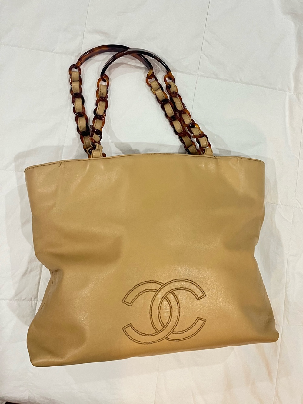 Vintage Chanel Leather Tote Bag with Tortoiseshell Chain Handles
